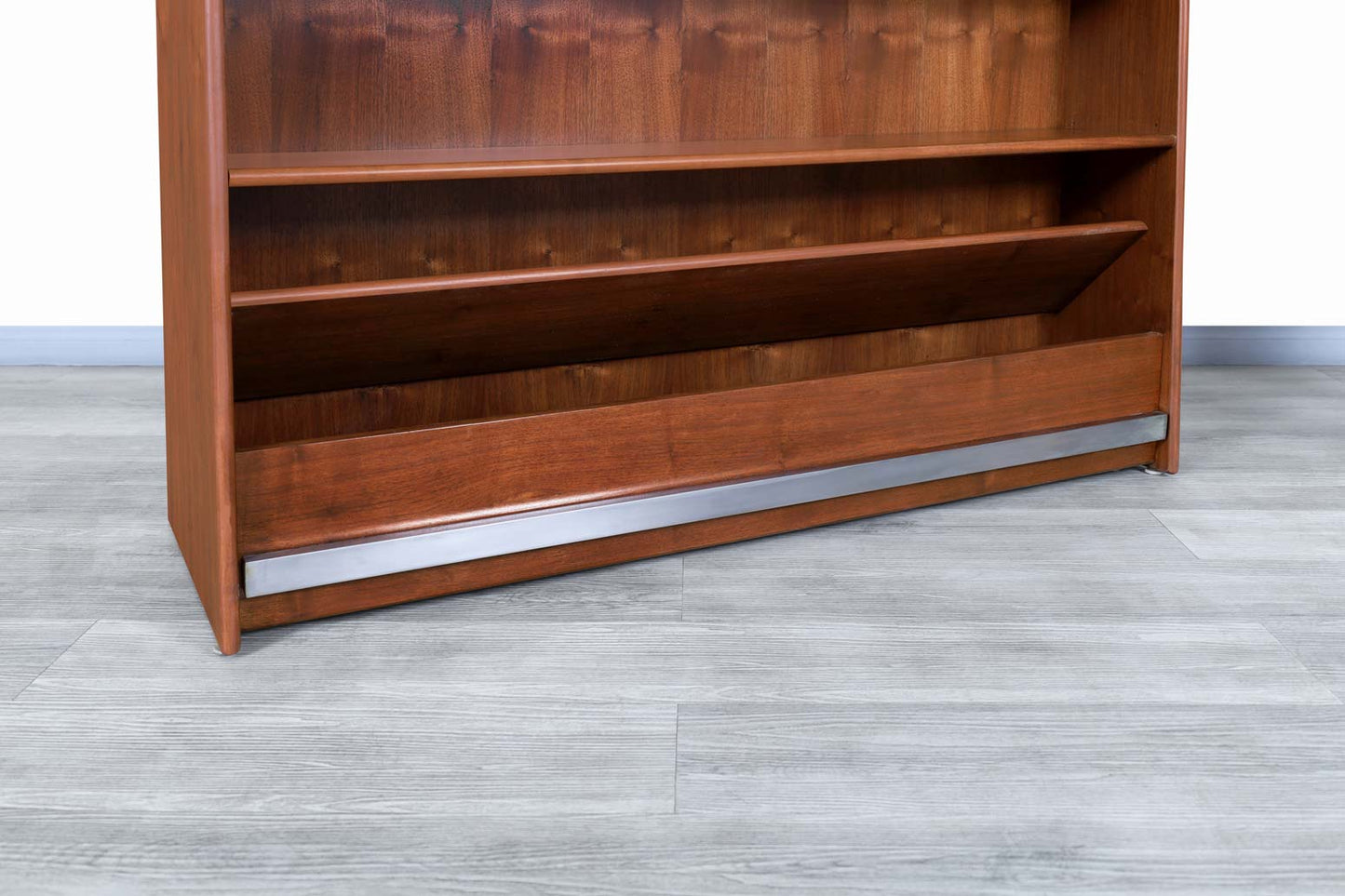 Mid-Century Modern Walnut Drop-Front Dry Bar Cabinet with Shelving