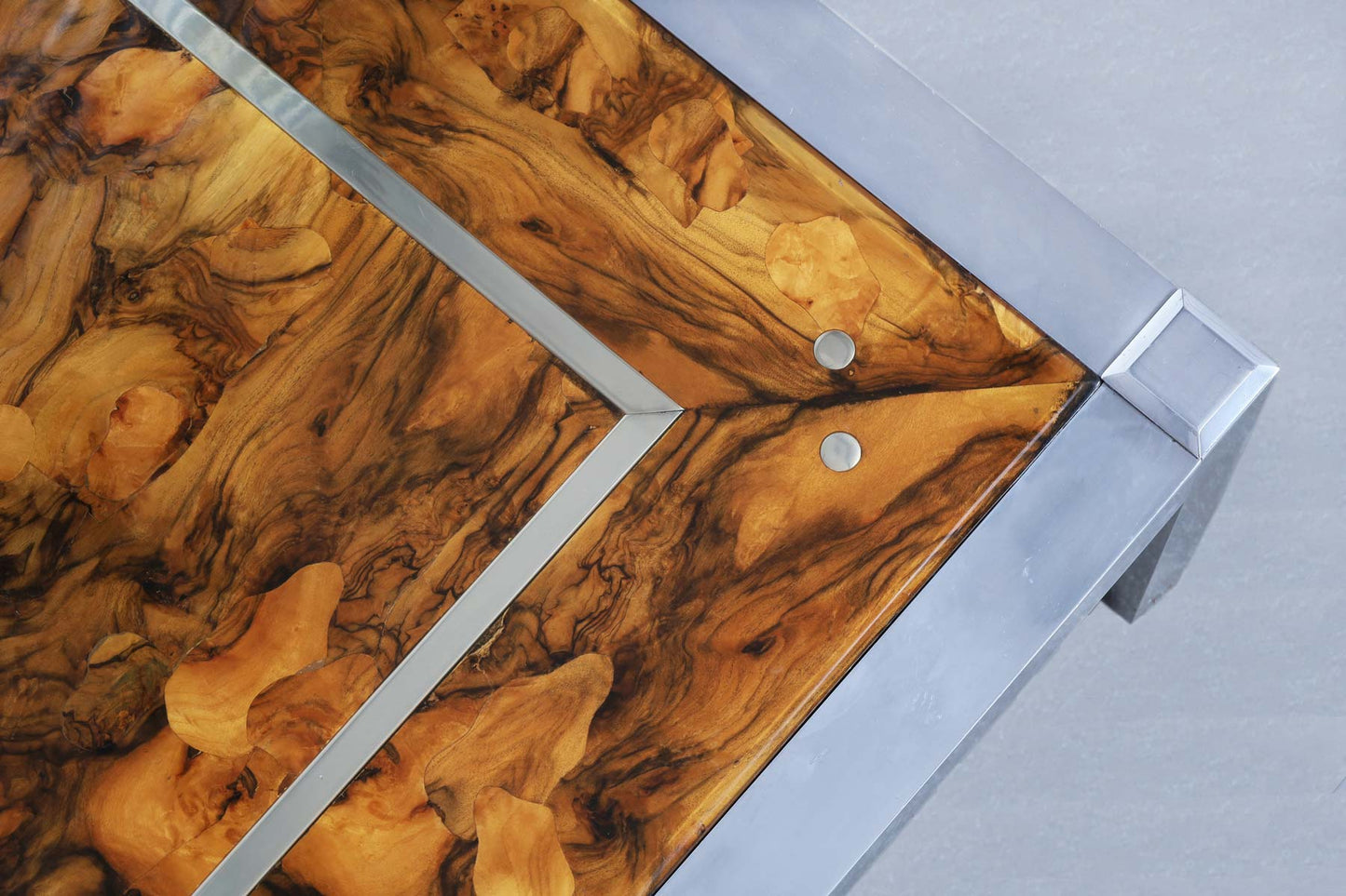 Monumental Oyster Burl Wood and Aluminum Coffee Table