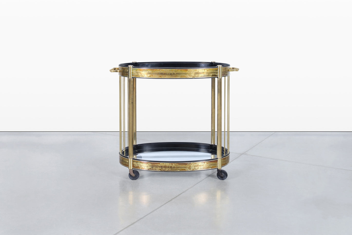 Vintage Acid Etched Brass and Glass Bar Cart by Bernhard Rohne for Mastercraft