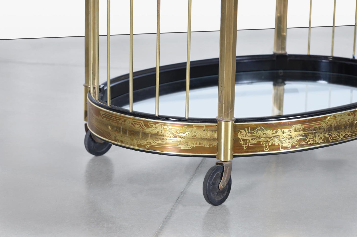 Vintage Acid Etched Brass and Glass Bar Cart by Bernhard Rohne for Mastercraft