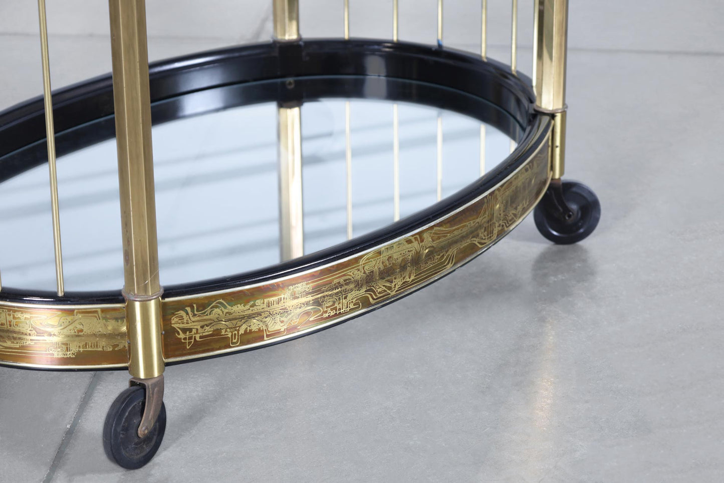 Vintage Acid Etched Brass and Glass Bar Cart by Bernhard Rohne for Mastercraft