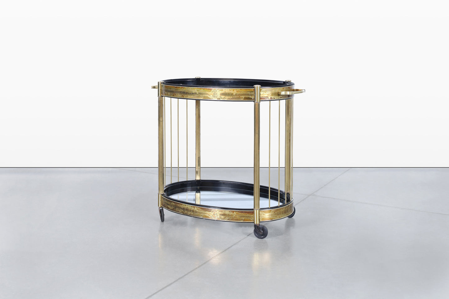 Vintage Acid Etched Brass and Glass Bar Cart by Bernhard Rohne for Mastercraft