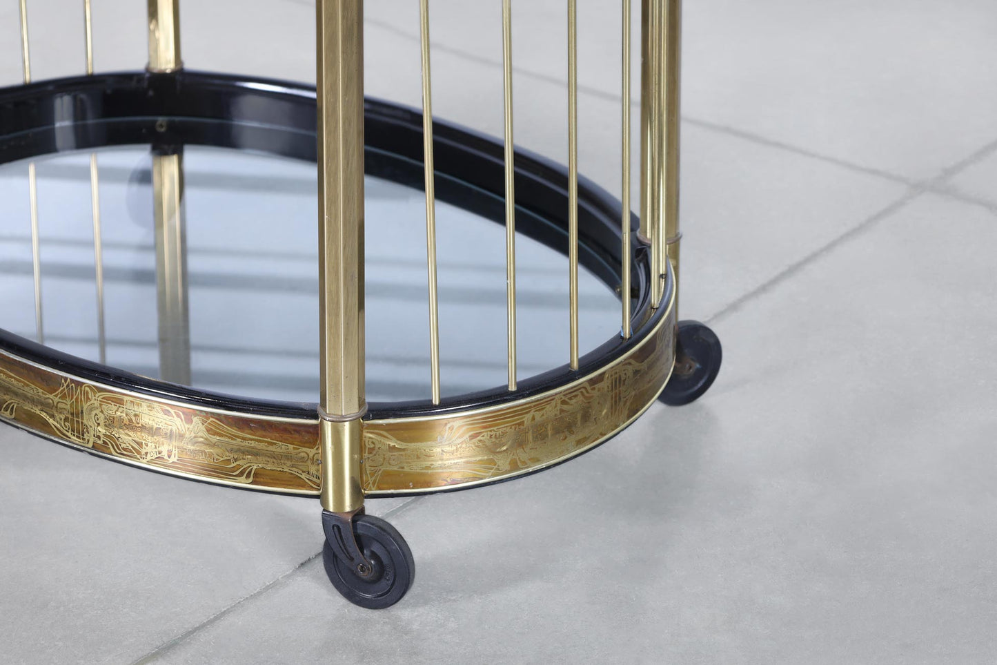 Vintage Acid Etched Brass and Glass Bar Cart by Bernhard Rohne for Mastercraft