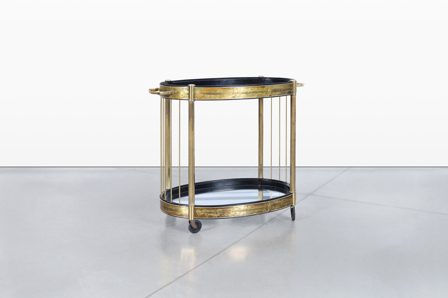 Vintage Acid Etched Brass and Glass Bar Cart by Bernhard Rohne for Mastercraft