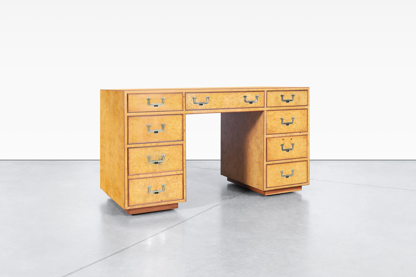 Vintage Burl Wood and Brass Campaign Desk by John Widdicomb