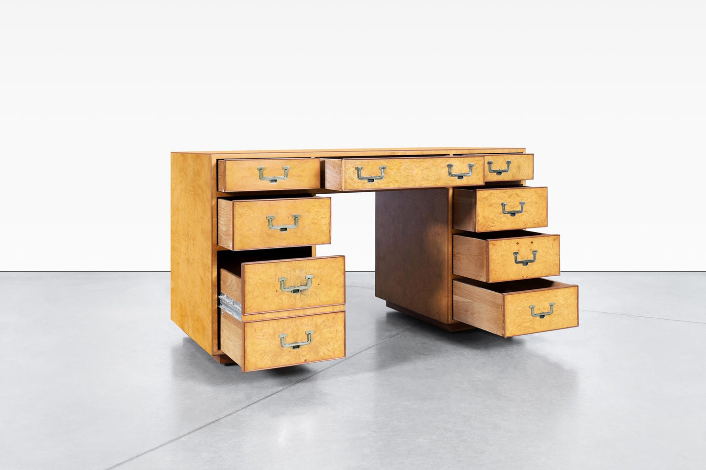 Vintage Burl Wood and Brass Campaign Desk by John Widdicomb