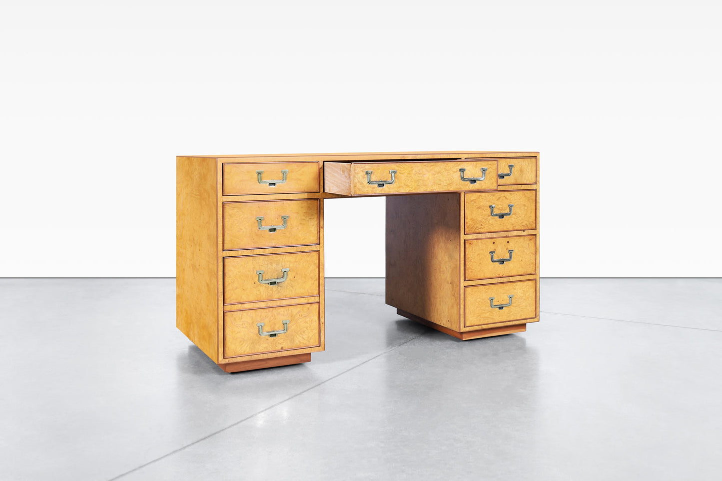 Vintage Burl Wood and Brass Campaign Desk by John Widdicomb