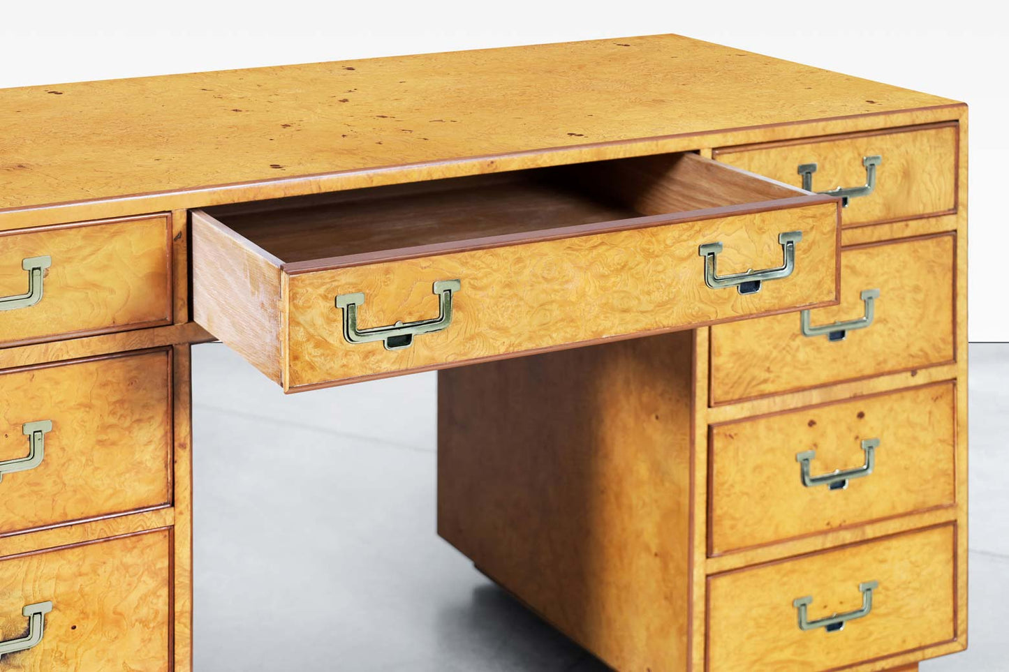 Vintage Burl Wood and Brass Campaign Desk by John Widdicomb