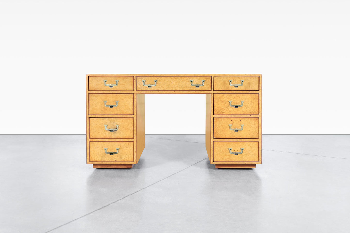 Vintage Burl Wood and Brass Campaign Desk by John Widdicomb