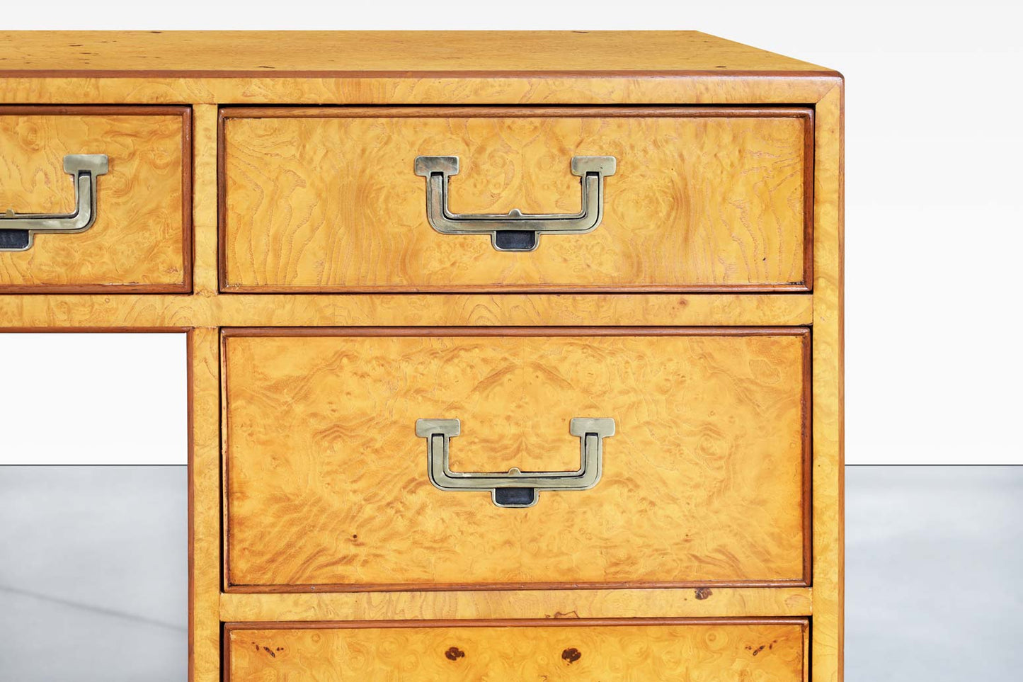 Vintage Burl Wood and Brass Campaign Desk by John Widdicomb