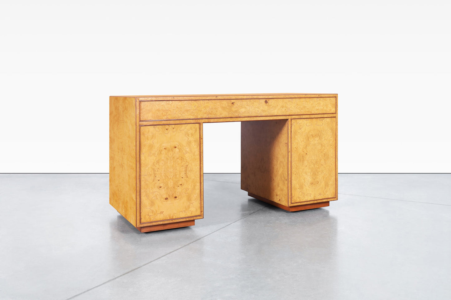 Vintage Burl Wood and Brass Campaign Desk by John Widdicomb