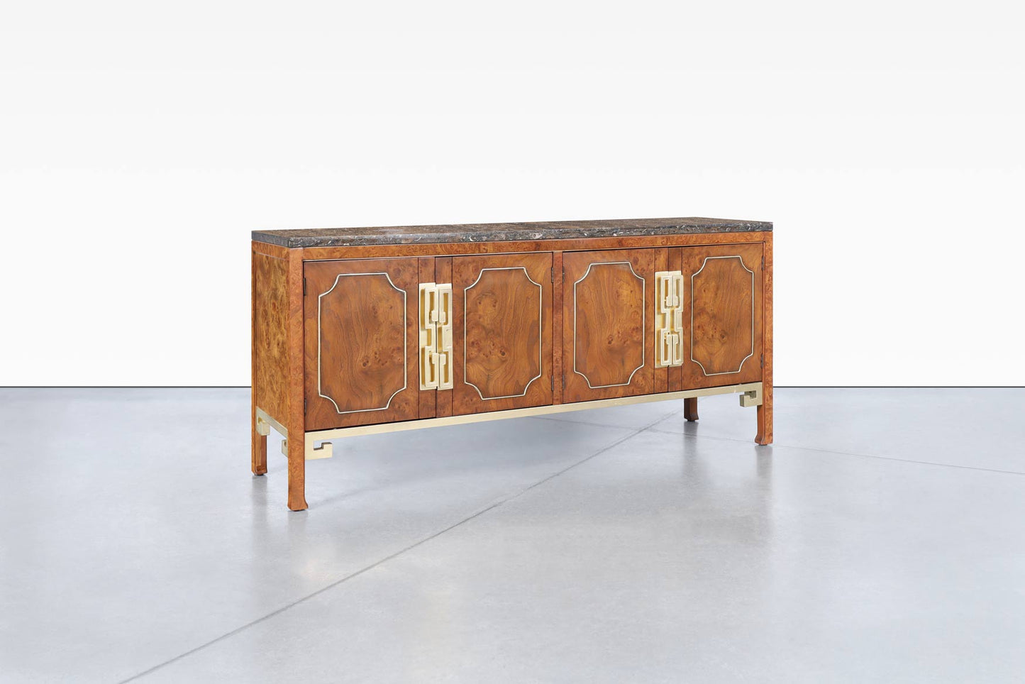 Vintage Burl Wood and Brass Credenza by William Doezema for Mastercraft