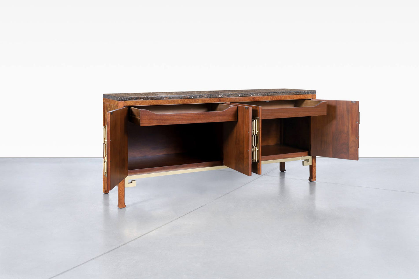 Vintage Burl Wood and Brass Credenza by William Doezema for Mastercraft