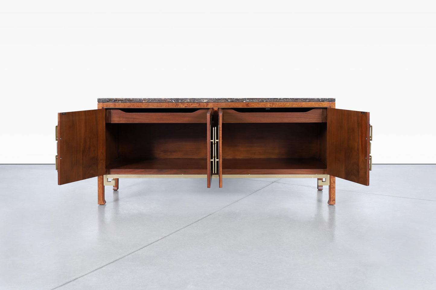 Vintage Burl Wood and Brass Credenza by William Doezema for Mastercraft