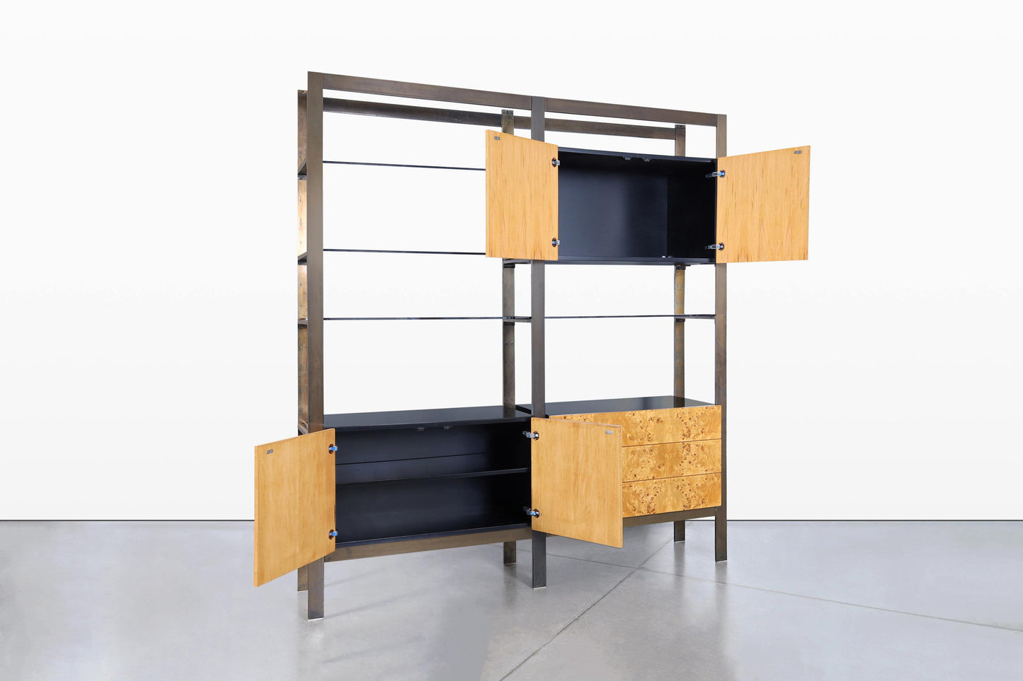 Vintage Burl Wood and Bronze Freestanding Wall Unit by John Stuart