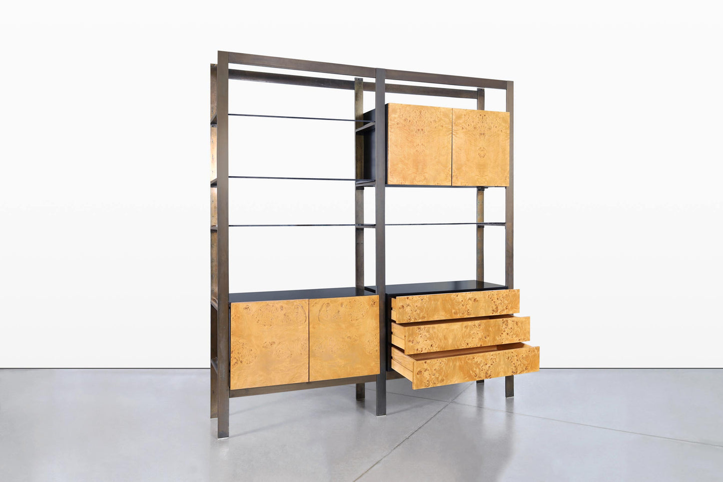 Vintage Burl Wood and Bronze Freestanding Wall Unit by John Stuart