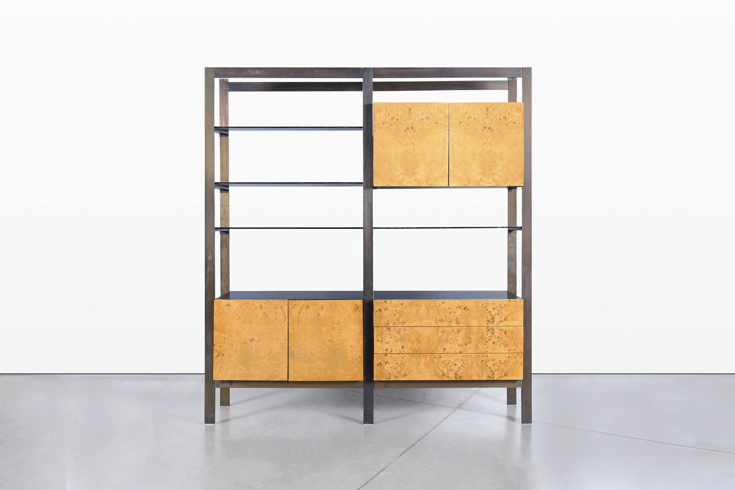 Vintage Burl Wood and Bronze Freestanding Wall Unit by John Stuart