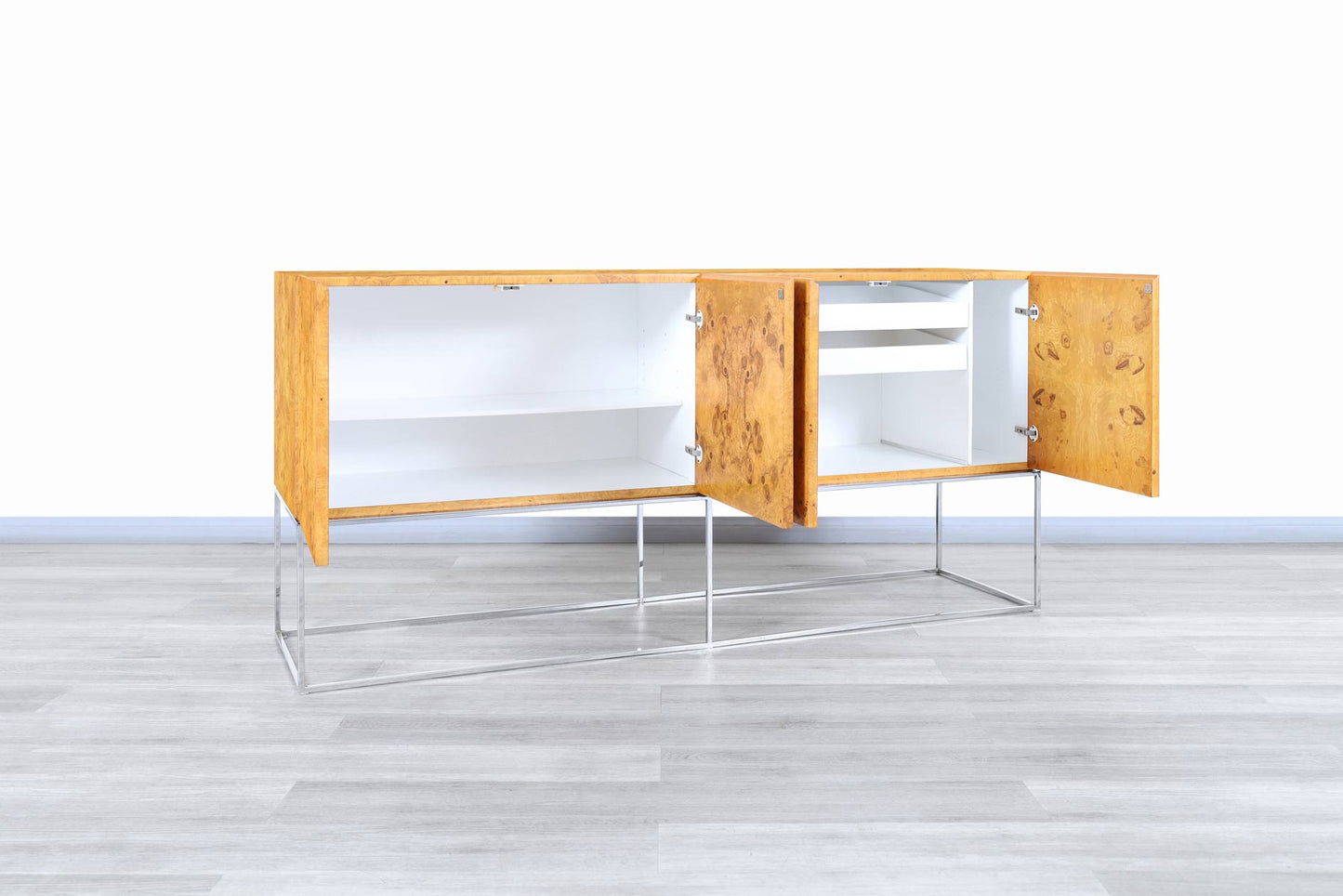 Vintage Burl Wood and Chrome Credenza by Milo Baughman for Thayer Coggin