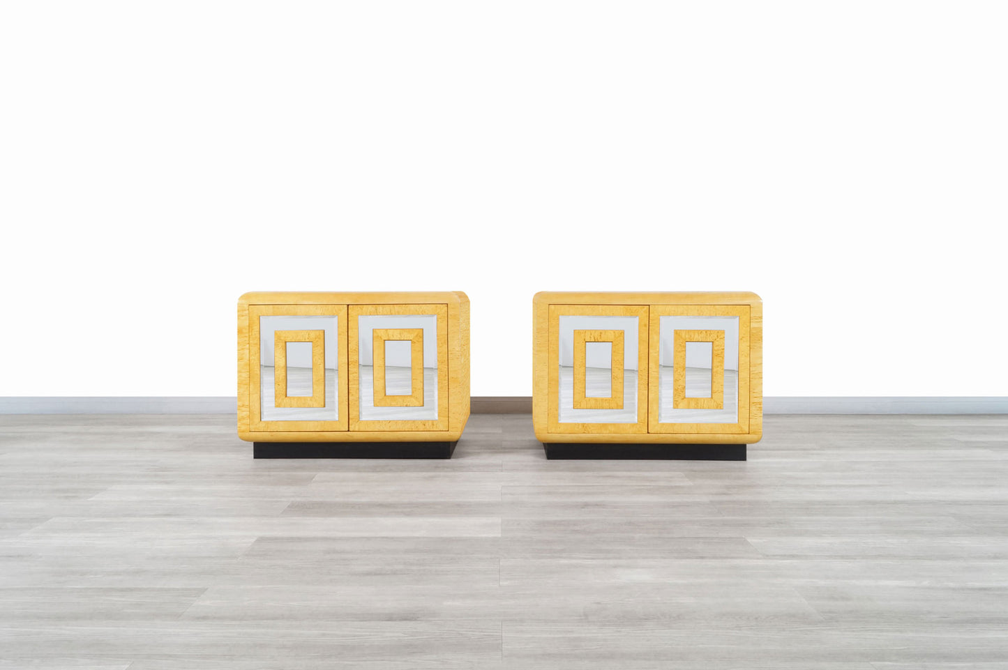 Vintage Burl Wood and Mirrored Nightstands by Romweber