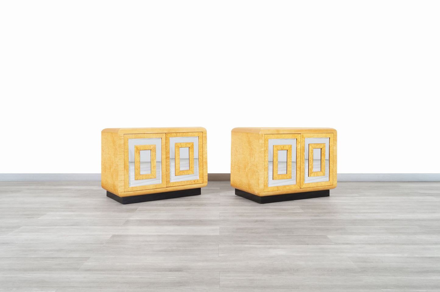 Vintage Burl Wood and Mirrored Nightstands by Romweber