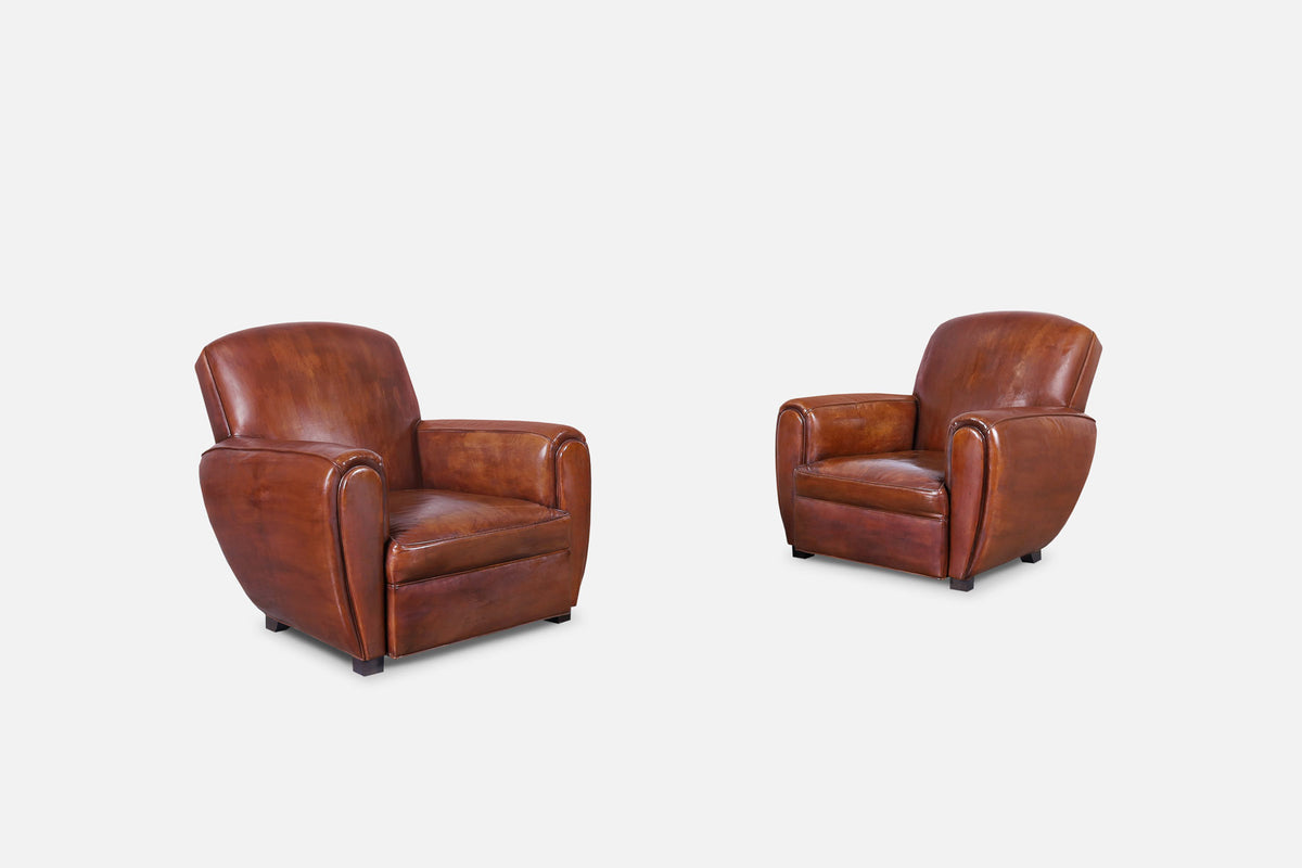 Vintage French Art Deco Leather Club Armchairs, 1940s