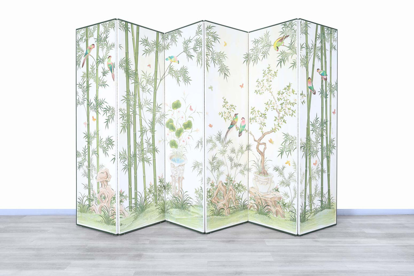 Vintage Hand-Painted Japanese Garden Folding Screen Panels by Robert Crowder