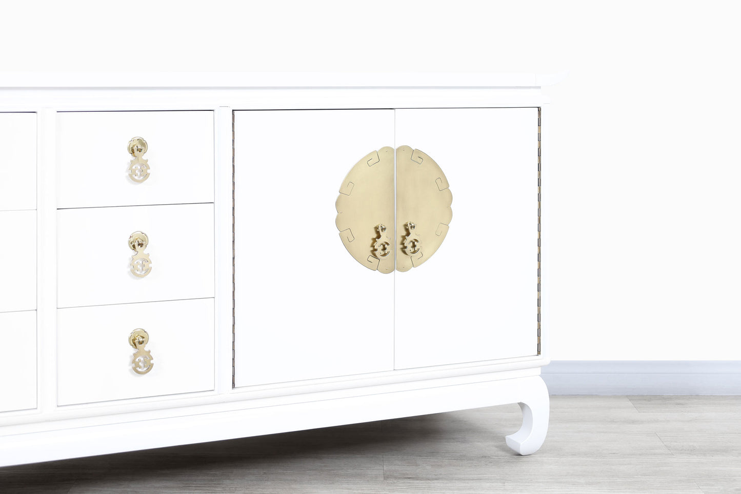 Vintage Hollywood Regency Lacquered and Brass Credenza