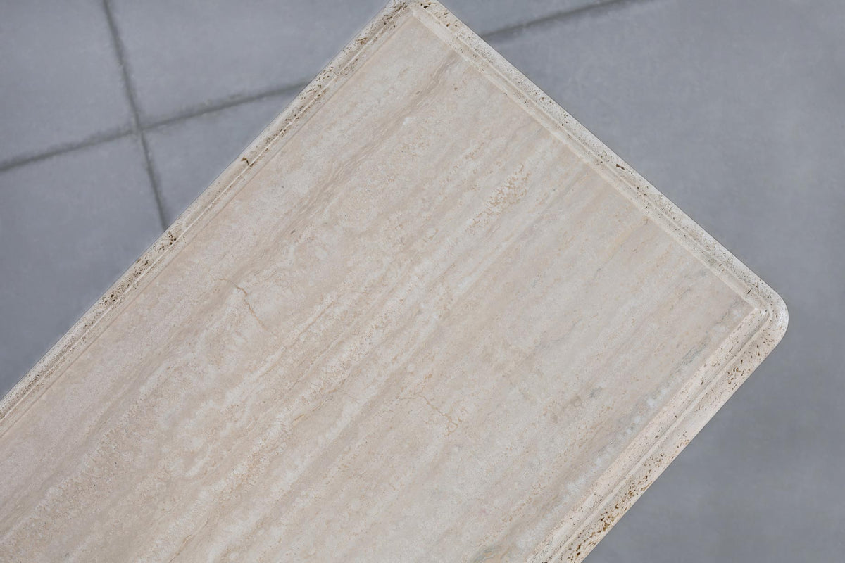 Vintage Italian Postmodern Bullnose Edge Travertine Console Table