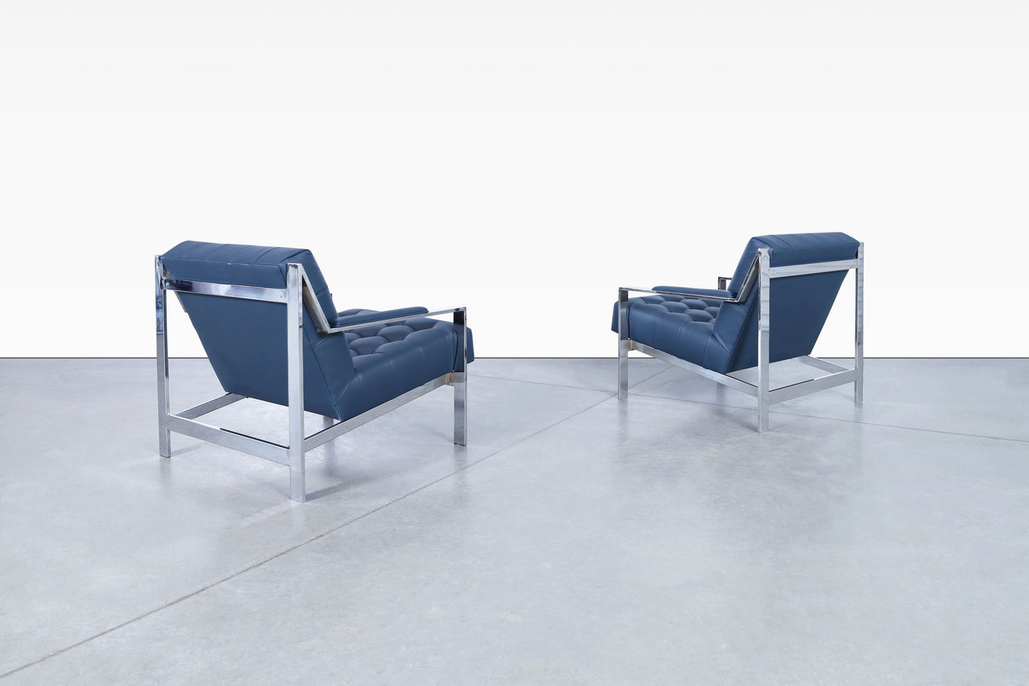 Vintage Leather and Chrome Biscuit Tufted Lounge Chairs by Cy Mann