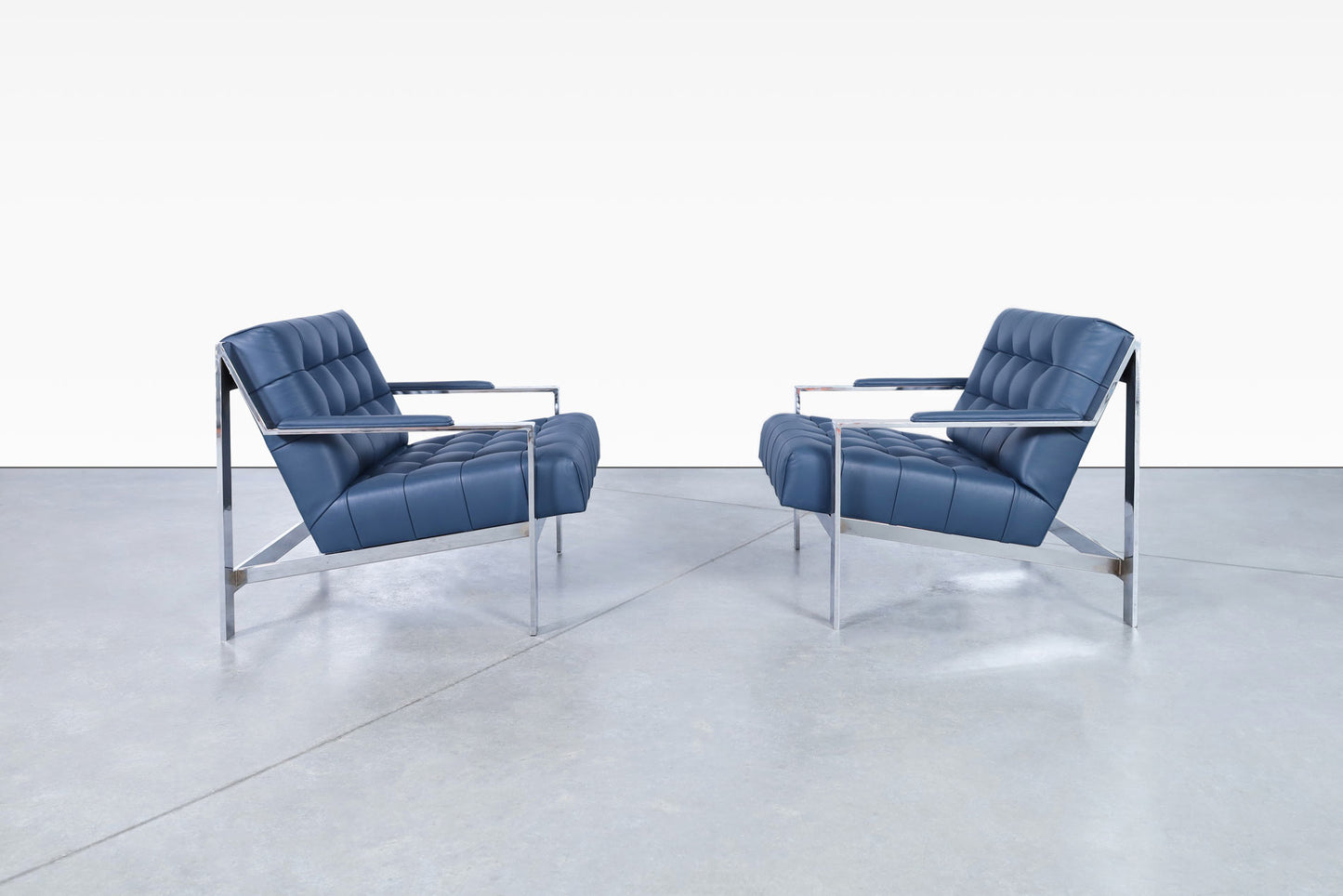 Vintage Leather and Chrome Biscuit Tufted Lounge Chairs by Cy Mann