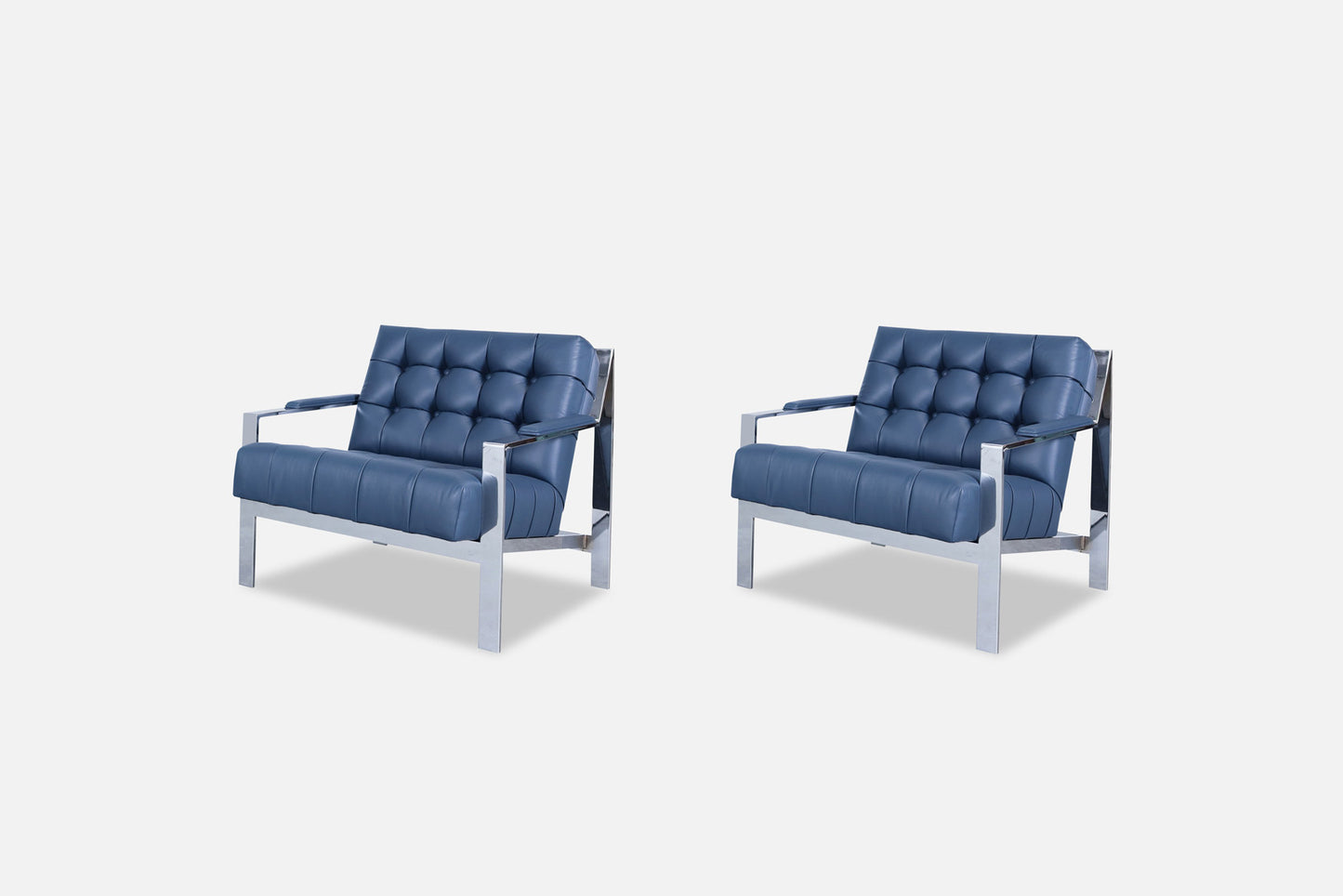 Vintage Leather and Chrome Biscuit Tufted Lounge Chairs by Cy Mann