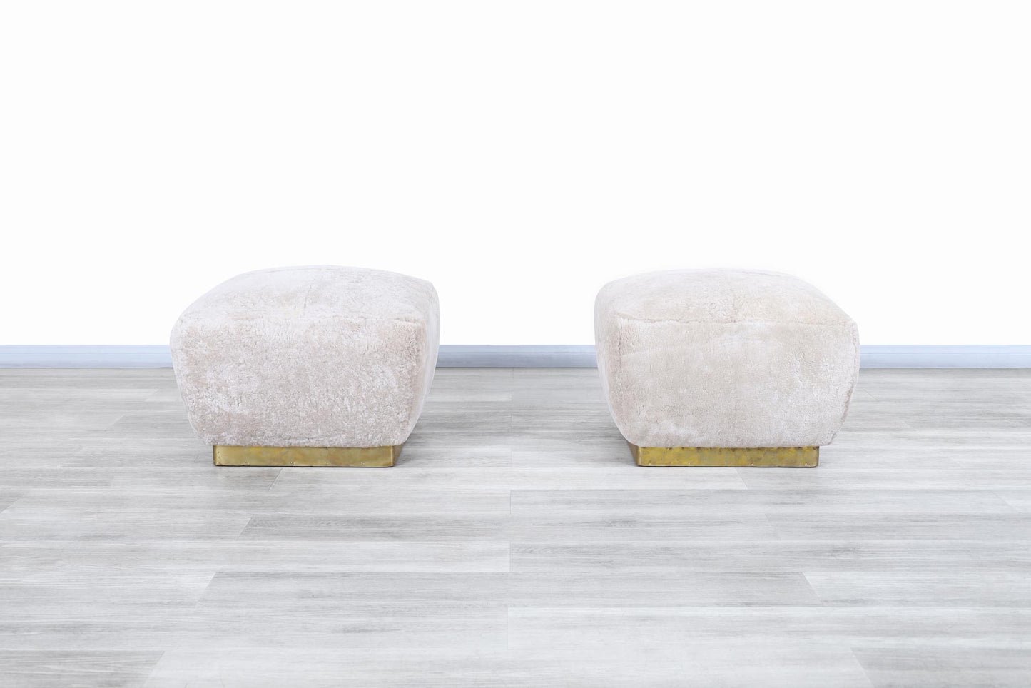 Vintage Oversized Shearling and Brass Ottomans by Marge Carson