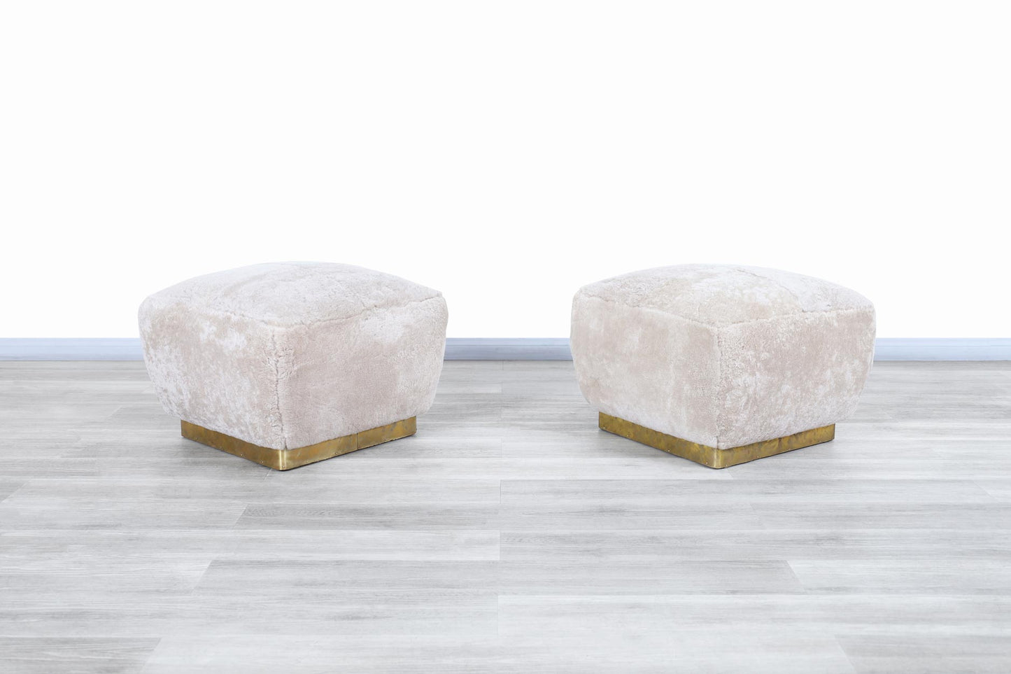 Vintage Oversized Shearling and Brass Ottomans by Marge Carson