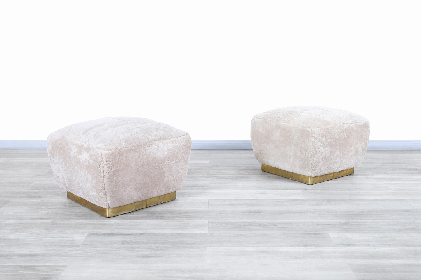 Vintage Oversized Shearling and Brass Ottomans by Marge Carson