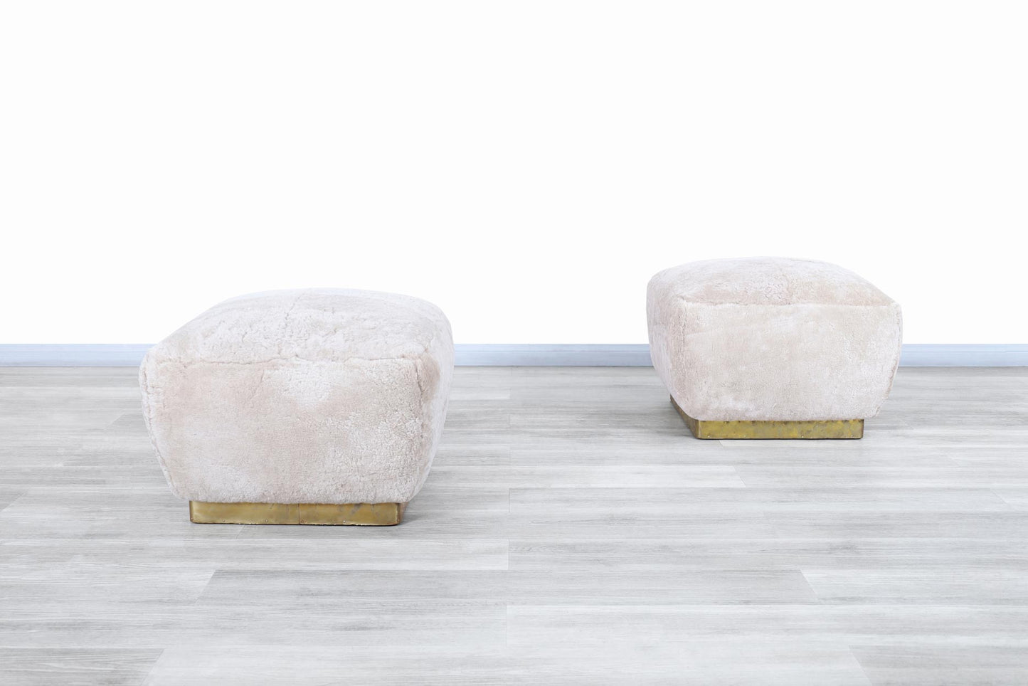 Vintage Oversized Shearling and Brass Ottomans by Marge Carson