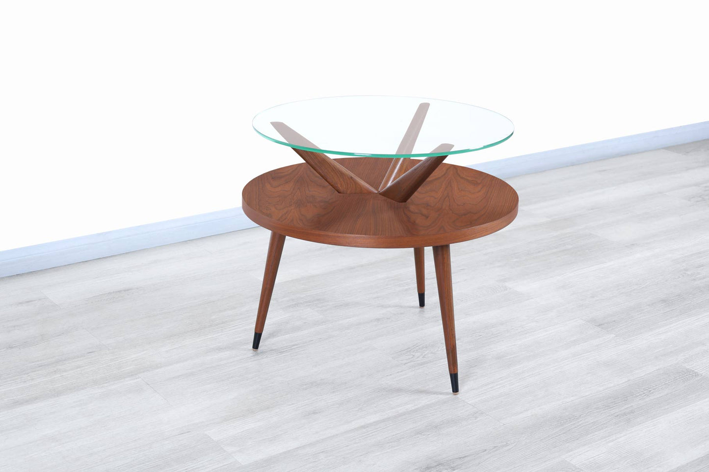 Vintage Two-Tiered Walnut and Glass Tripod Table