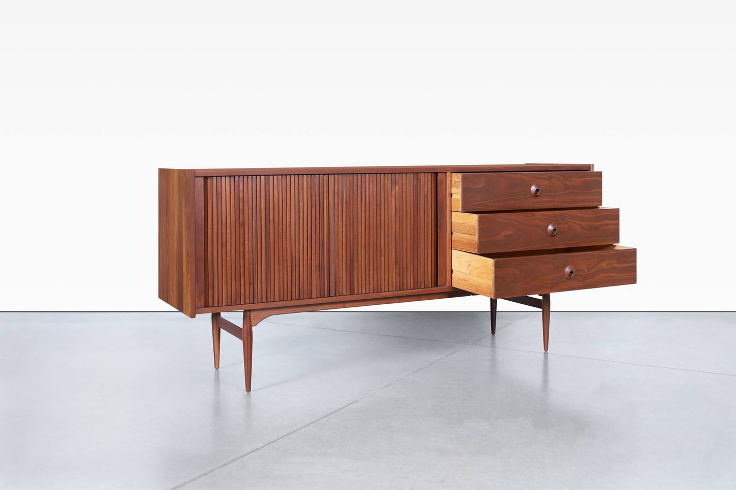 Vintage Walnut Tambour Door Credenza by John Caldwell for Brown Saltman