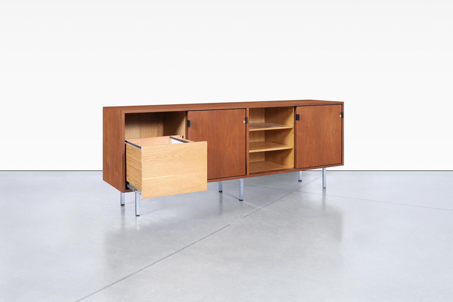 Vintage Walnut and Chrome Credenza by Florence Knoll
