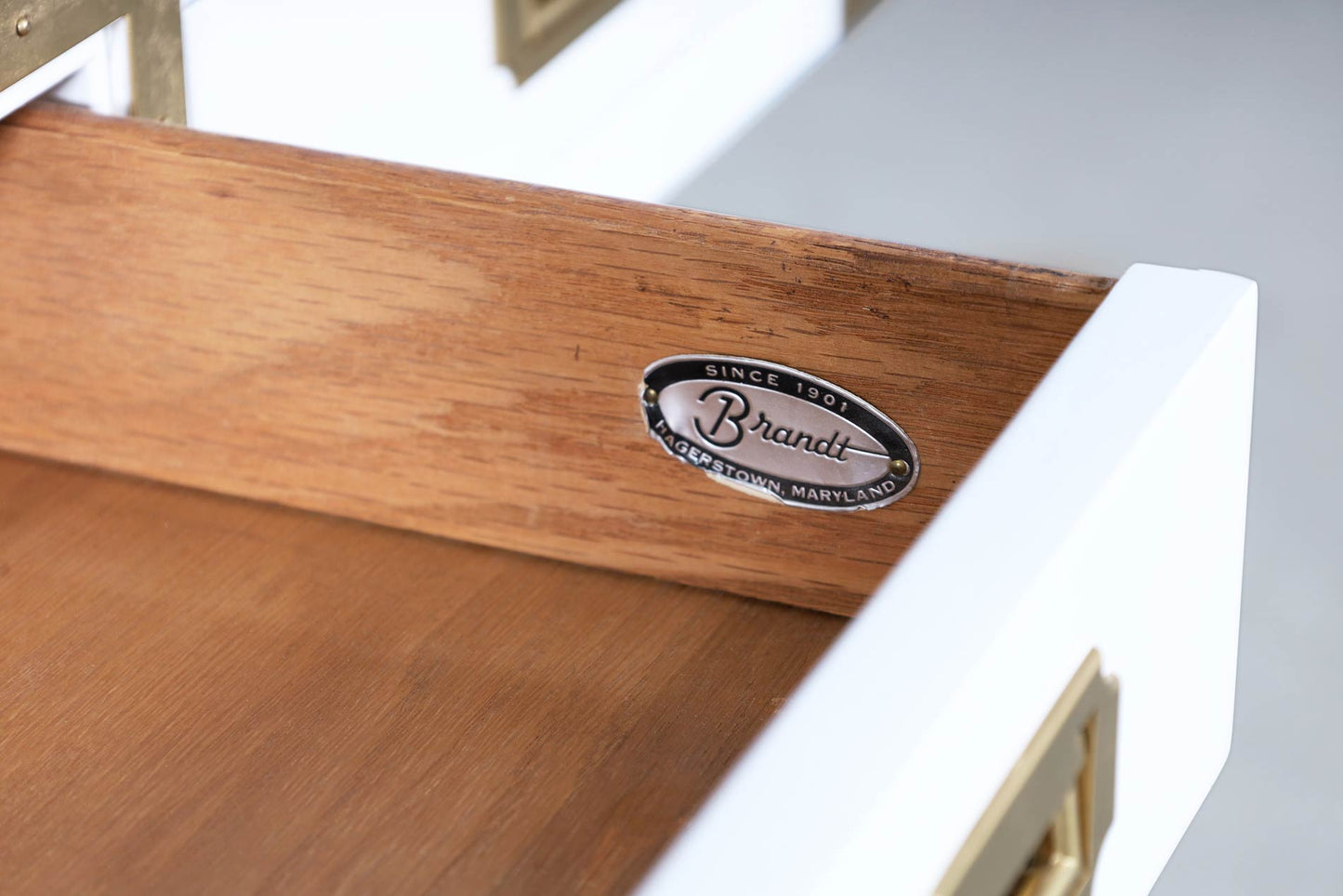 Vintage White Lacquered Campaign Desk by Brandt Furniture