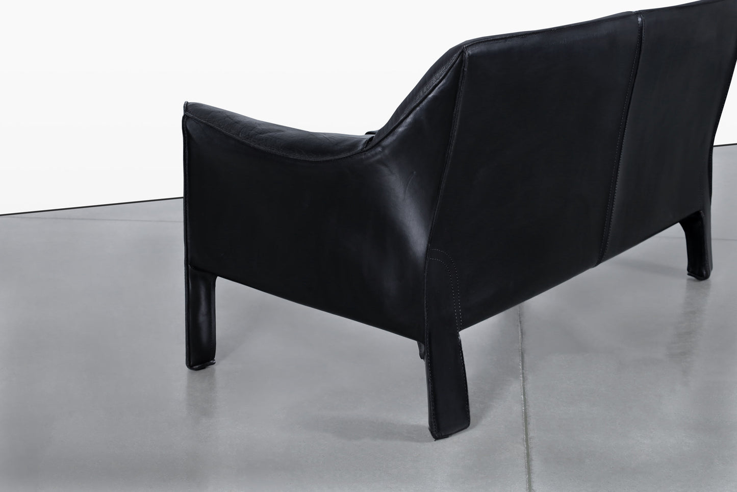 Vintage Black Leather Cab 415 Settee by Mario Bellini for Cassina