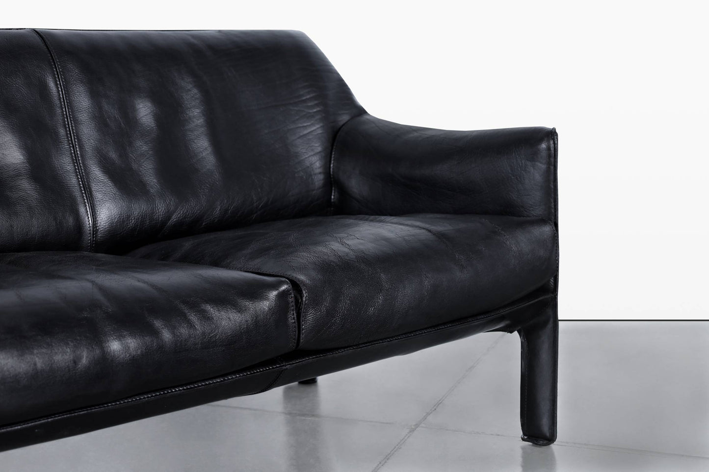 Vintage Black Leather Cab 415 Settee by Mario Bellini for Cassina