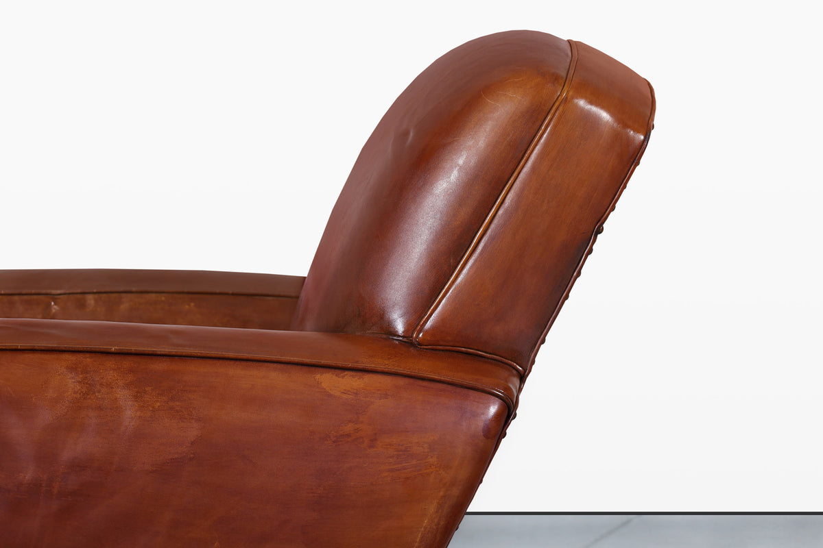 Vintage French Art Deco Leather Club Armchairs, 1940s