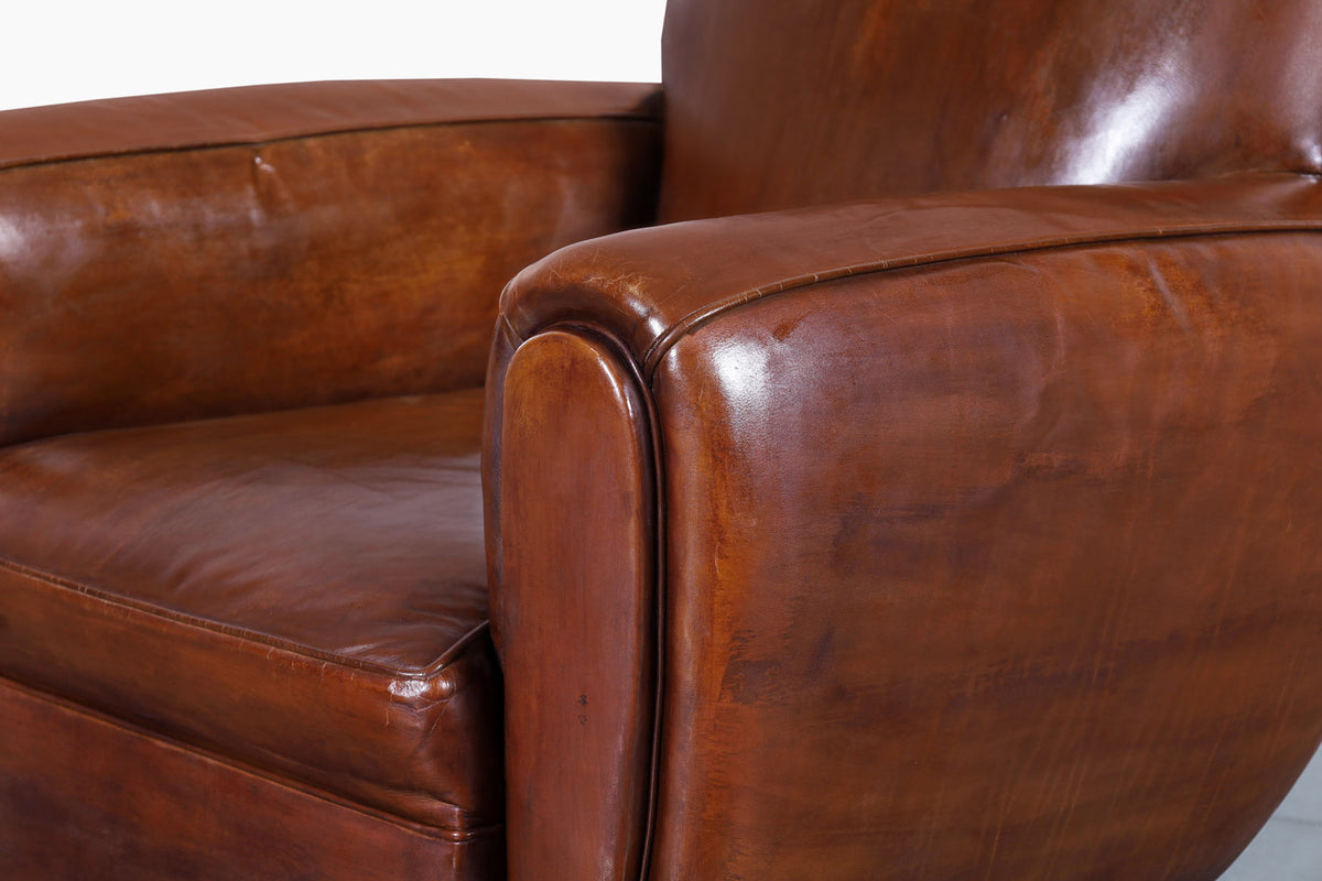 Vintage French Art Deco Leather Club Armchairs, 1940s