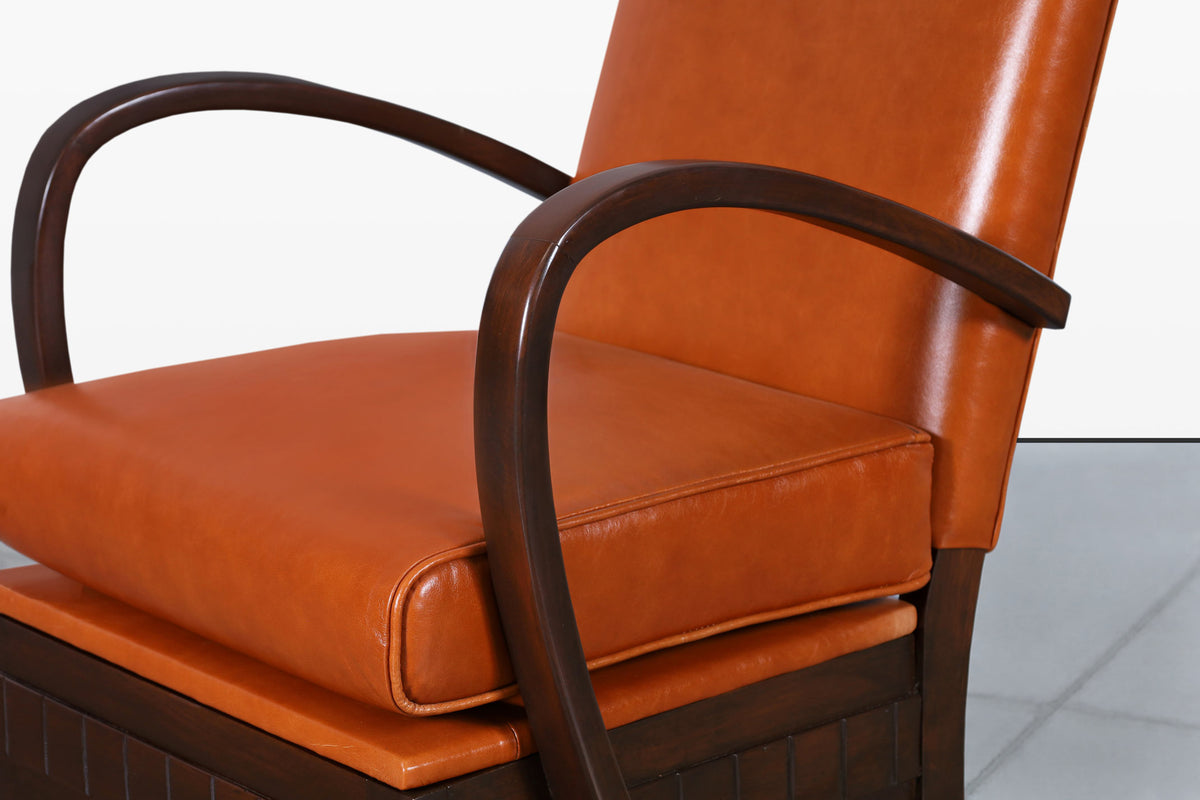 Vintage French Art Deco Leather and Walnut Lounge Chairs, 1940s