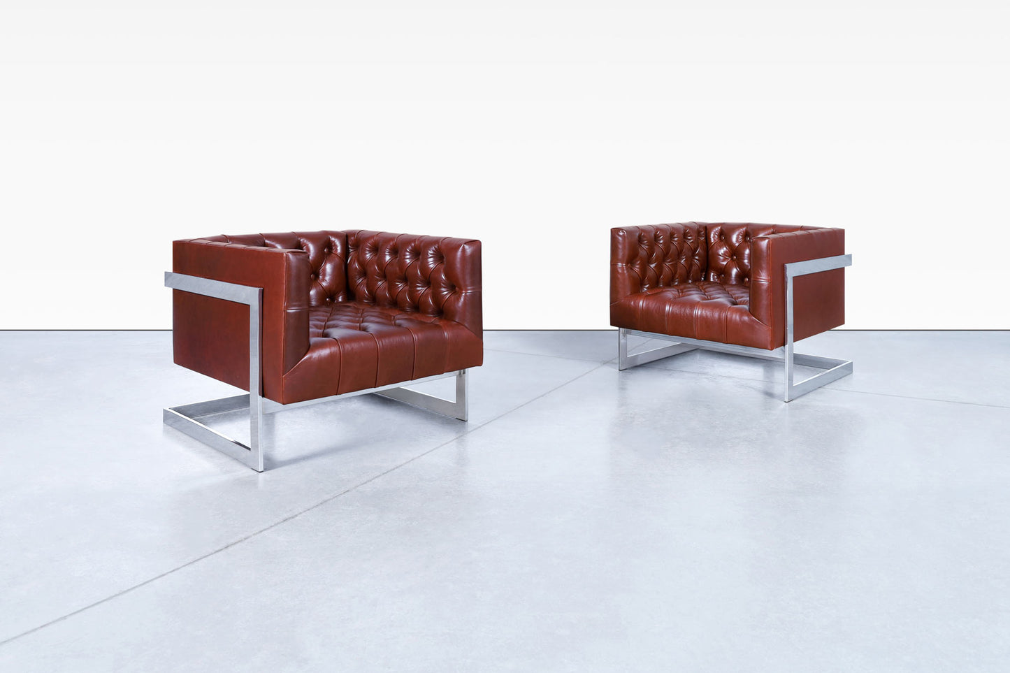 Vintage Leather Diamond Tufted Lounge Chairs by Milo Baughman