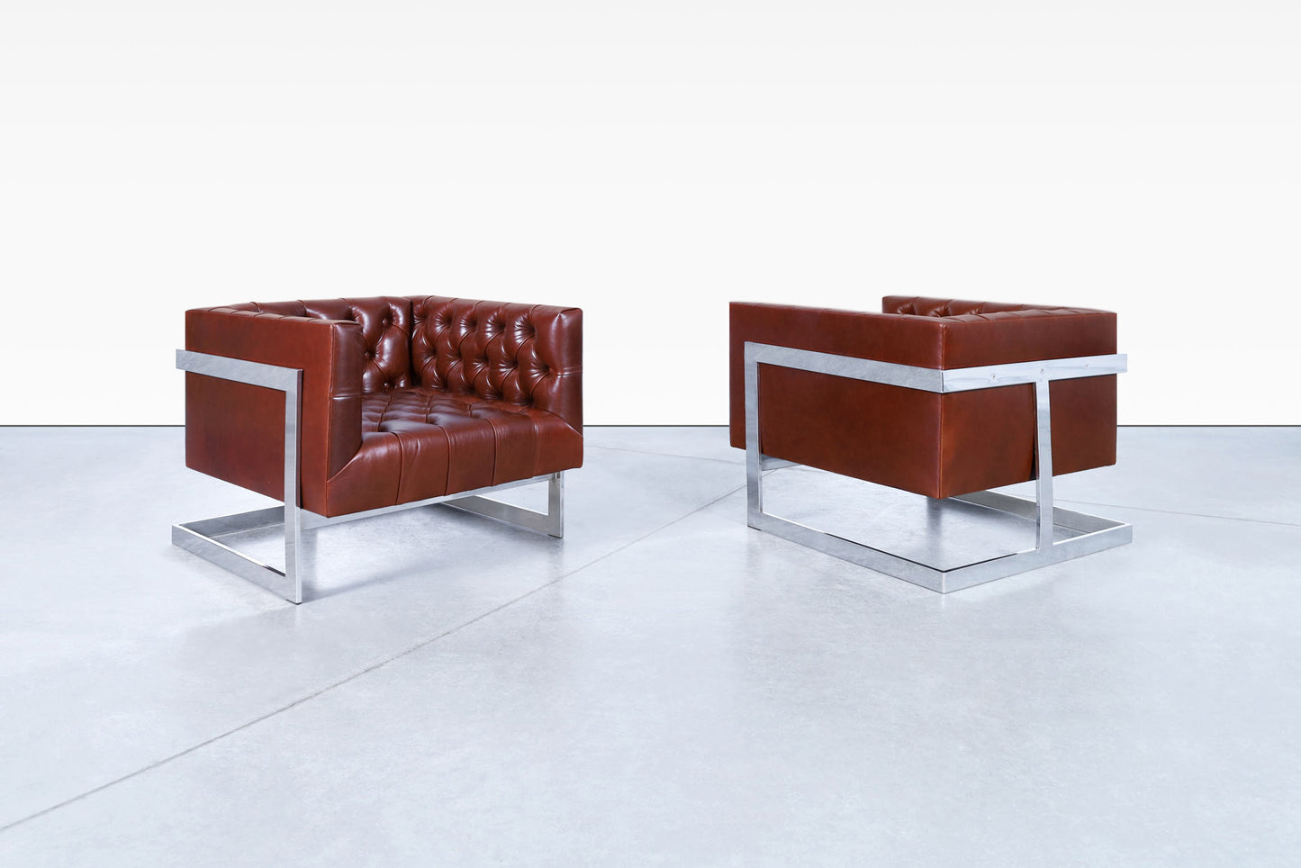 Vintage Leather Diamond Tufted Lounge Chairs by Milo Baughman