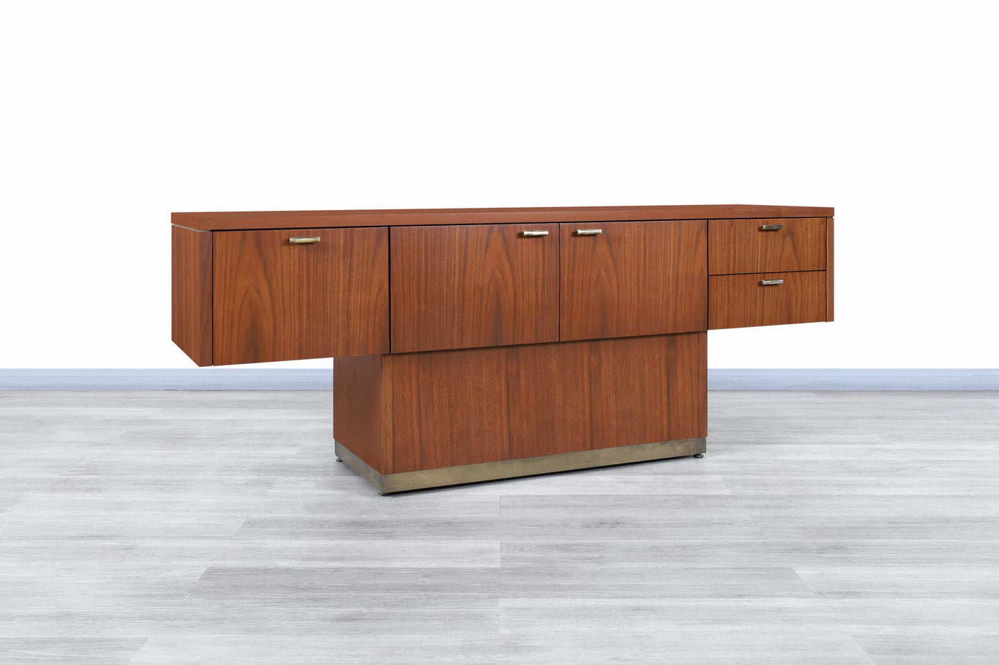 Vintage Walnut and Brass Cantilevered Credenza by Myrtle Desk Co.