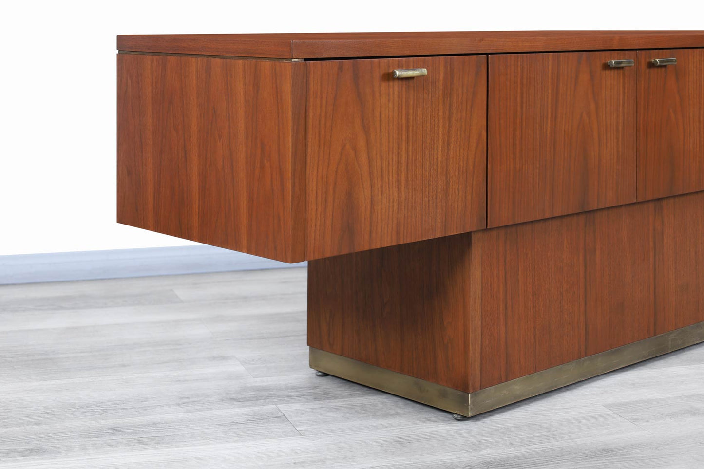 Vintage Walnut and Brass Cantilevered Credenza by Myrtle Desk Co.