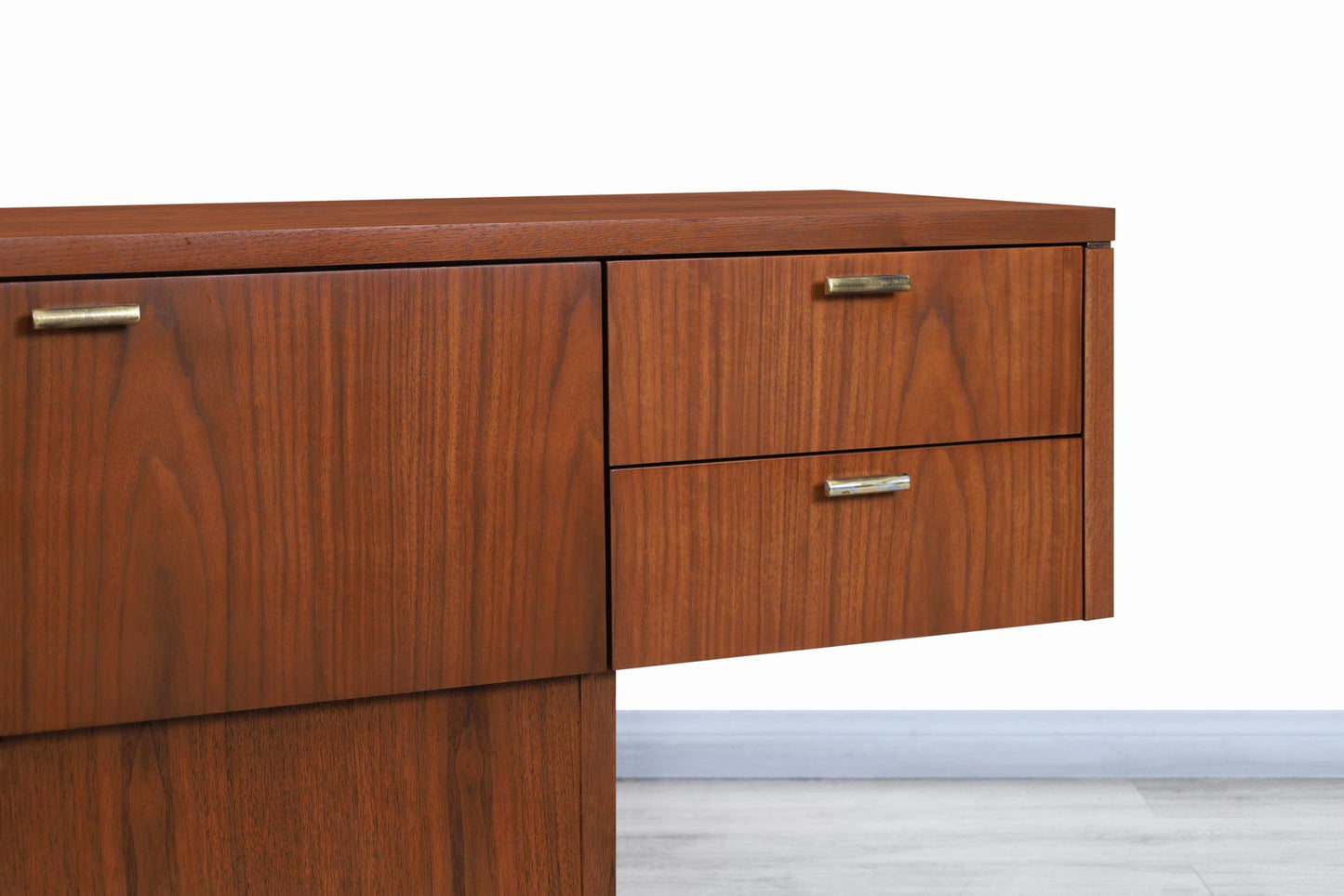 Vintage Walnut and Brass Cantilevered Credenza by Myrtle Desk Co.