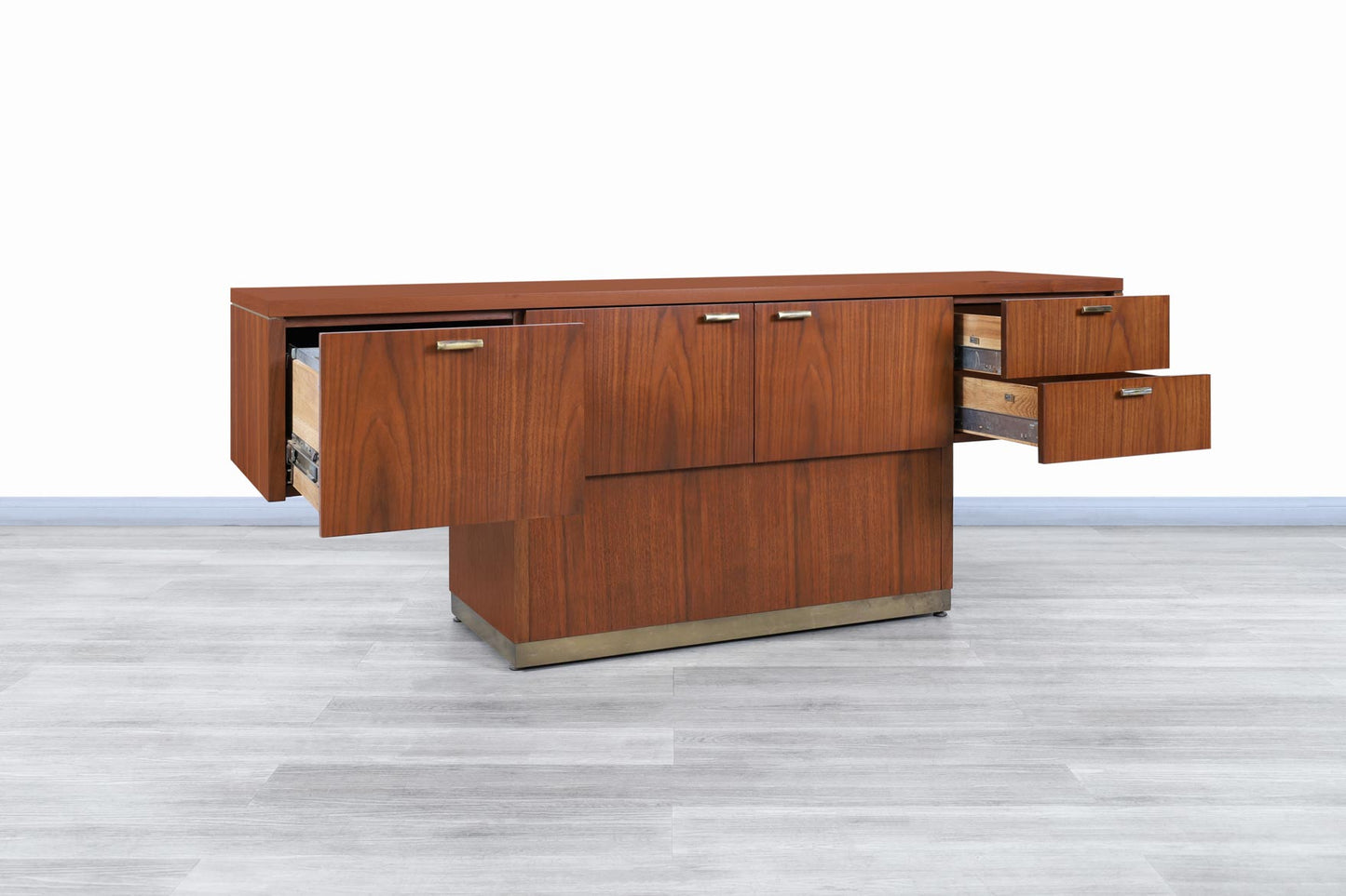 Vintage Walnut and Brass Cantilevered Credenza by Myrtle Desk Co.